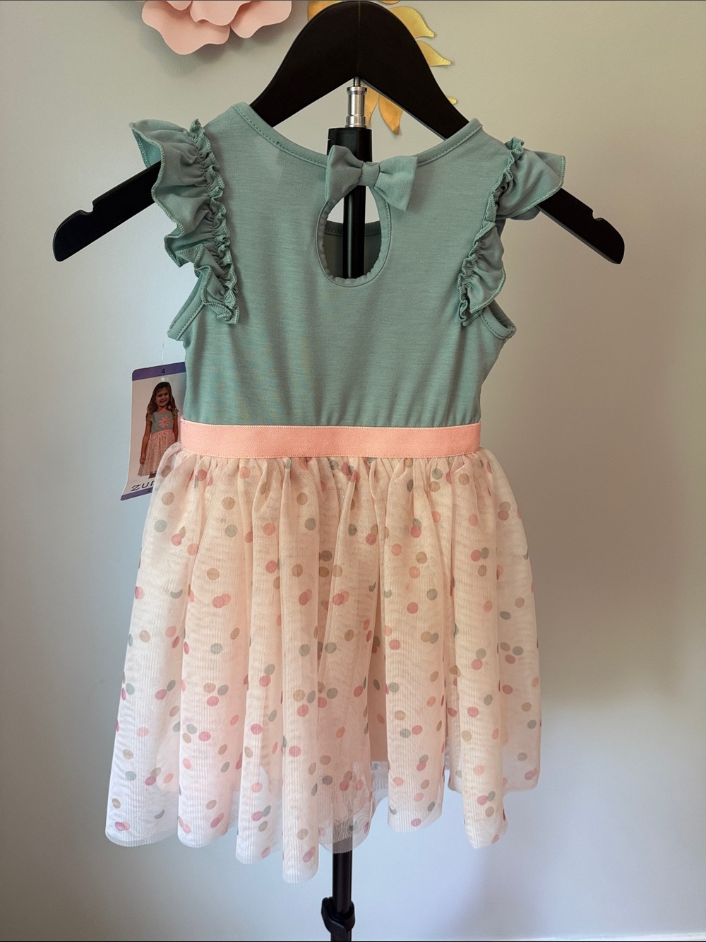 Zunie Green & Pink Daisy Tulle Dress for Girls - Picture 4 of 4